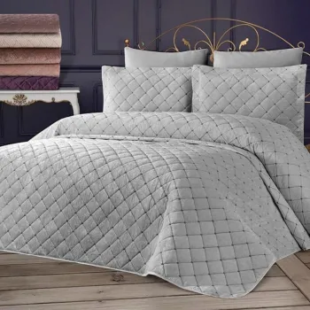 Set cuvertura de pat dubla 3 piese, Dessert - Grey, Dowry World, Catifea imagine