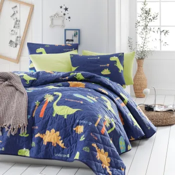 Set cuvertura de pat dubla 3 piese, Dinolar - Dark Blue, Eponj Home, 65% bumbac/35% poliester imagine