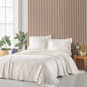 Set cuvertura de pat dubla 3 piese, Ilda - Cream, Saheser, Bumbac imagine