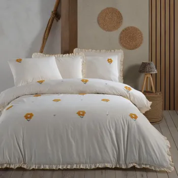 Set cuvertura de pat dubla 3 piese, L'essentiel Maison, Florita, Bumbac, Galben imagine