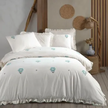 Set cuvertura de pat dubla 3 piese, L'essentiel Maison, Florita, Bumbac, Verde menta imagine