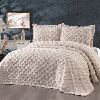 Set cuvertura de pat dubla 3 piese, L'essentiel Maison, Harem, Tesatura Chenille, Cappuccino imagine