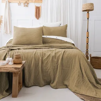 Set cuvertura de pat dubla 3 piese, L'essentiel Maison, Janna, Bumbac, Kaki imagine