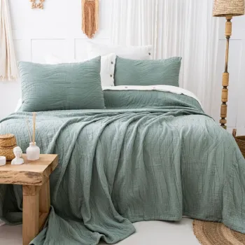 Set cuvertura de pat dubla 3 piese, L'essentiel Maison, Janna, Bumbac, Verde imagine