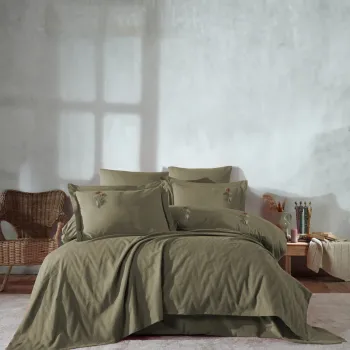 Set cuvertura de pat dubla 3 piese, L'essentiel Maison, Noris, Bumbac, Kaki imagine