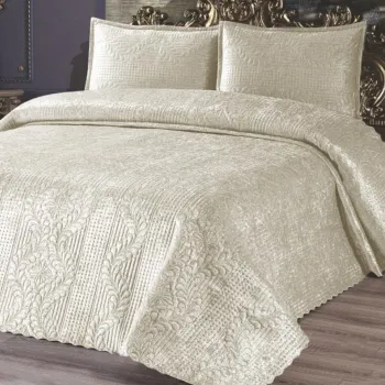 Set cuvertura de pat dubla 3 piese, L'essentiel Maison, Velica, Crem imagine