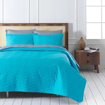 Set cuvertura de pat dubla 3 piese, MaxiColor - Turquoise, Grey, Acasa EnLora, 65% bumbac/35% poliester imagine