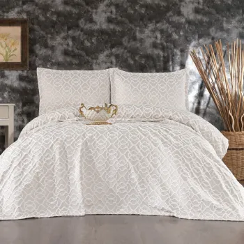 Set cuvertura de pat dubla 3 piese, Merlin - Cream, Whitney, Tesatura Chenille imagine