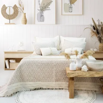 Set cuvertura de pat dubla 3 piese, Milena - Beige, Saheser, Bumbac imagine