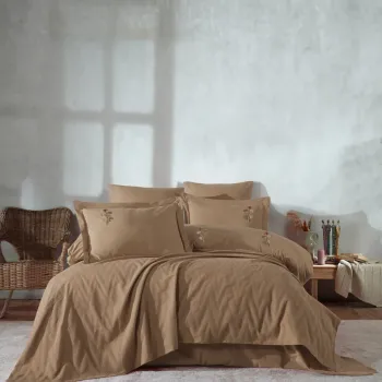 Set cuvertura de pat dubla 3 piese, Noris - Mustard, Saheser, Bumbac imagine