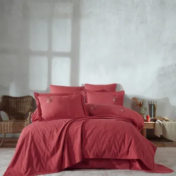 Set cuvertura de pat dubla 3 piese, Noris - Red, Saheser, Bumbac imagine