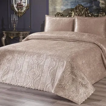 Set cuvertura de pat dubla 3 piese, Velica - Cappucino, Dowry World, Catifea imagine