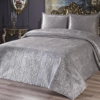 Set cuvertura de pat dubla 3 piese, Velica - Grey, Dowry World, Catifea imagine