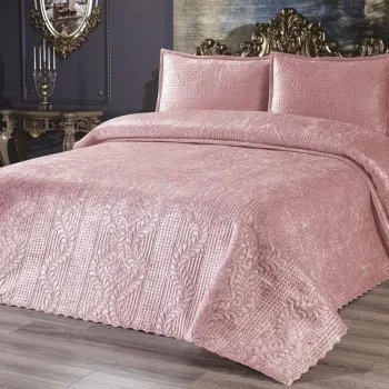 Set cuvertura de pat dubla 3 piese, Velica - Powder, Dowry World, Catifea imagine