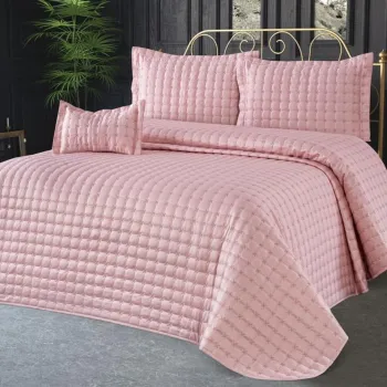 Set cuvertura de pat dubla 3 piese, Yildiz - Powder, Dowry World, Bumbac imagine