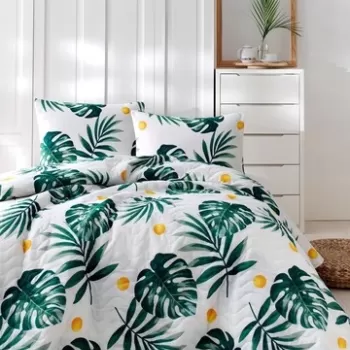 Set cuvertura de pat dubla, EnLora Home, Kapitone Monstera Green, 3 piese, 65% bumbac, 35% poliester, alb/verde/galben imagine
