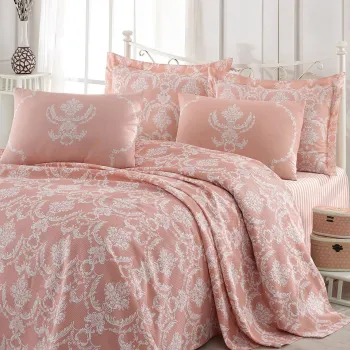 Set cuvertura de pat dubla, Epoj Home, Pure Powder, 4 piese, 100% bumbac, roz/alb imagine