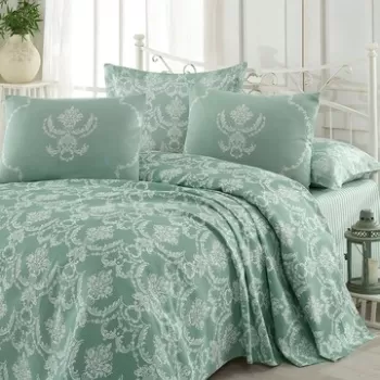 Set cuvertura de pat dubla, Eponj Home, Pure Water Green, 4 piese, 100% bumbac, verde/alb imagine