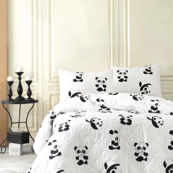 Set cuvertura de pat dubla matlasata, EnLora Home, Panda Black White, 3 piese, 65% bumbac, 35% poliester, alb/negru imagine
