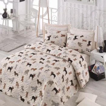 Set cuvertura de pat dubla matlasata, Eponj Home, Havhav Cream, 3 piese, 65% bumbac, 35% poliester, multicolor imagine