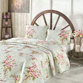 Set cuvertura matlasata dubla 3 piese, Alanur - Mint, Eponj Home, 65% bumbac/35% poliester imagine