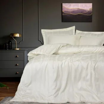 Set cuvertura matlasata dubla Bamboo, Bamboo Stripe - Ecru, Cotton Box, 60% bumbac satinat/40% bambus imagine