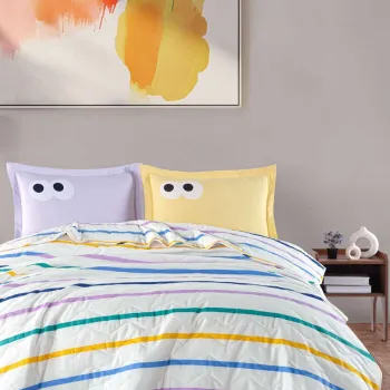 Set cuvertura matlasata dubla King (FR), 3 piese, L'essentiel Maison, Funny, Galben / Liliac imagine