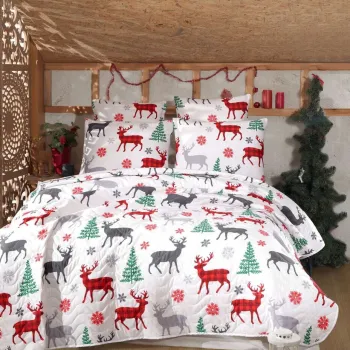 Set cuvertura matlasata dubla King (FR), 3 piese, L'essentiel Maison, Geyik, Alb / Rosu / Verde / Gri imagine