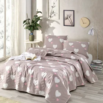 Set cuvertura matlasata dubla King (FR), 3 piese, L'essentiel Maison, Herz, 65% bumbac/35% poliester, Trandafir praf / Alb imagine