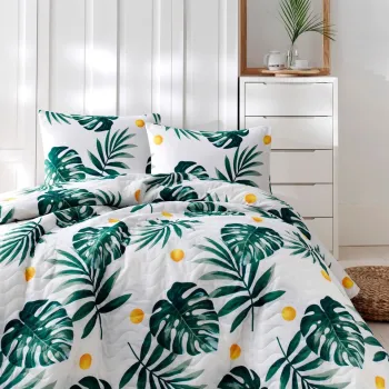 Set cuvertura matlasata dubla King (FR), 3 piese, L'essentiel Maison, Monstera, 65% bumbac/35% poliester, White / Green / Yellow imagine