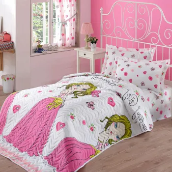 Set cuvertura matlasata Single 160x220 cm, 2 piese, Beatiful Girl - White, EnLora Home, 65% bumbac/35% poliester imagine