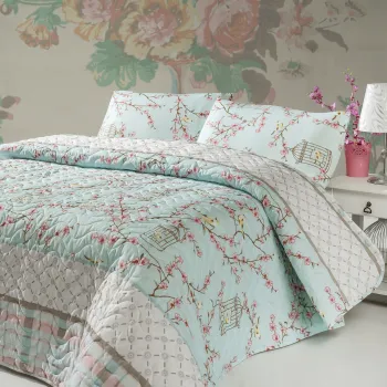 Set cuvertura matlasata Single 160x220 cm, 2 piese, Birdcage - Turquoise, Eponj Home, 70% bumbac / 30% poliester imagine