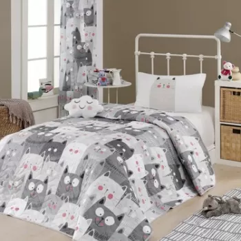 Set cuvertura matlasata Single 160x220 cm, 2 piese, Duvarda Kediler - Grey, Eponj Home, 65% bumbac/35% poliester imagine