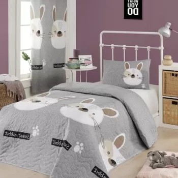 Set cuvertura matlasata Single 160x220 cm, 2 piese, Tavsanc?k - Light Brown, Grey, Roz, Burete Acasa, 65% bumbac/35% poliester imagine