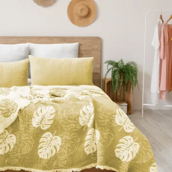 Set cuvertura pique dubla, Forest - Yellow, Saheser, 70% bumbac/30% poliester imagine