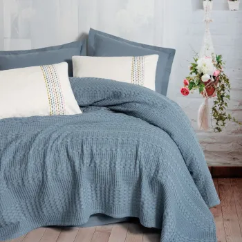 Set cuvertura pique dubla, L'essentiel Maison, Pebble, Indigo imagine