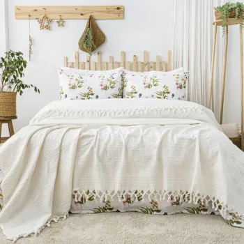 Set cuvertura pique dubla, L'essentiel Maison, Viola, Bumbac, Crem imagine