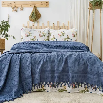 Set cuvertura pique dubla, L'essentiel Maison, Viola, Bumbac, Indigo imagine