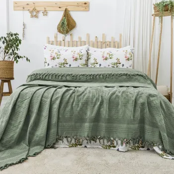 Set cuvertura pique dubla, L'essentiel Maison, Viola, Bumbac, Verde imagine