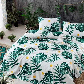 Set cuvertura pique dubla, Monstera - Green, Eponj Home, Bumbac imagine