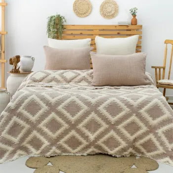 Set cuvertura pique dubla, Sonia - Beige, Saheser, 70% bumbac/30% poliester imagine