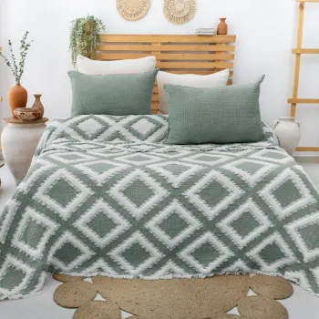 Set cuvertura pique dubla, Sonia - Green, Saheser, 70% bumbac/30% poliester imagine