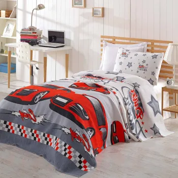 Set cuvertura pique Single 2 piese, Crazy - Red, EnLora Home, Bumbac imagine