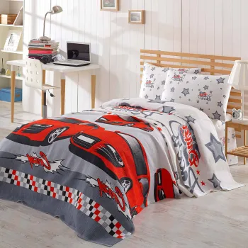 Set cuvertura pique Single, Crazy - Red, EnLora Home, Bumbac imagine