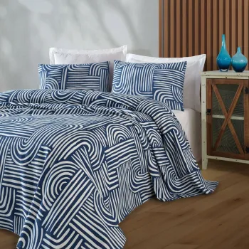 Set cuvertura pique Single, L'essentiel Maison, Line Art, Bumbac, Albastru imagine