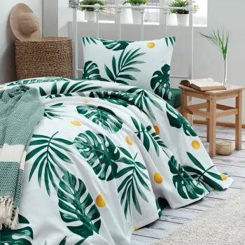 Set cuvertura pique Single, Monstera - Green, Eponj Home, Bumbac imagine