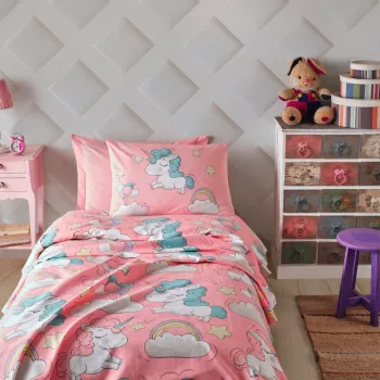 Set cuvertura pique Single, Unicornio - Pink, EnLora Home, Bumbac imagine