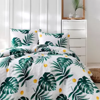 Set cuvertura Single 160x220 cm, 2 piese, Kapitone Monstera - Green, EnLora Home, 65% bumbac/35% poliester imagine