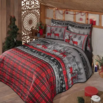 Set cuvertura Single 160x220 cm, 2 piese, L'essentiel Maison, Christmas, 65% bumbac/35% poliester, Rosu / Gri / Negru imagine