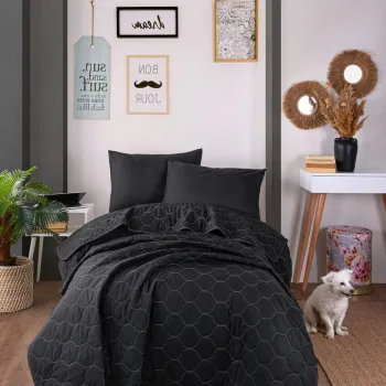 Set cuvertura Single 160x220 cm, 2 piese, Solid - Black, Eponj Home, 65% bumbac/35% poliester imagine